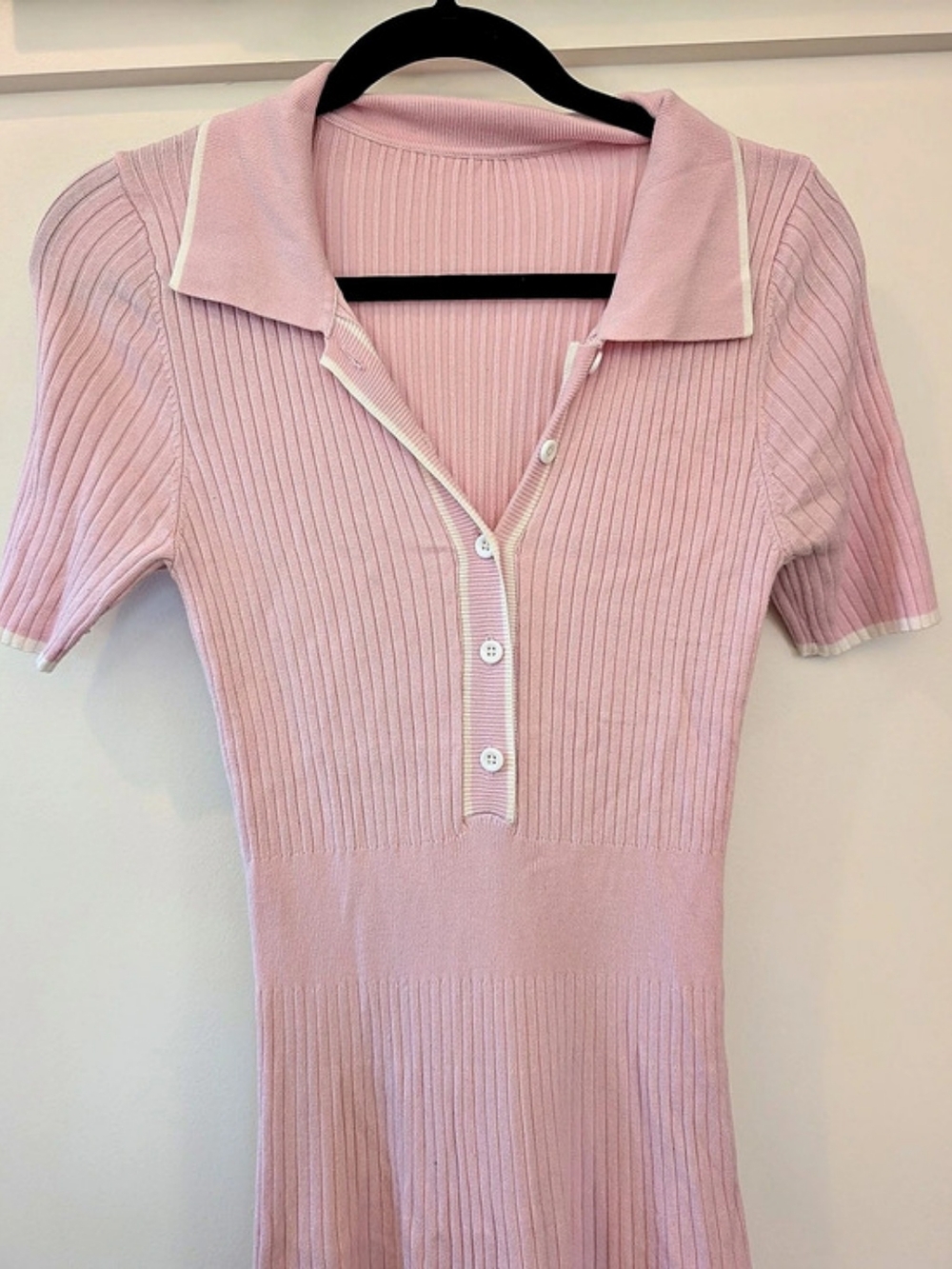 Pink Ribbed Collared Maxi Dress